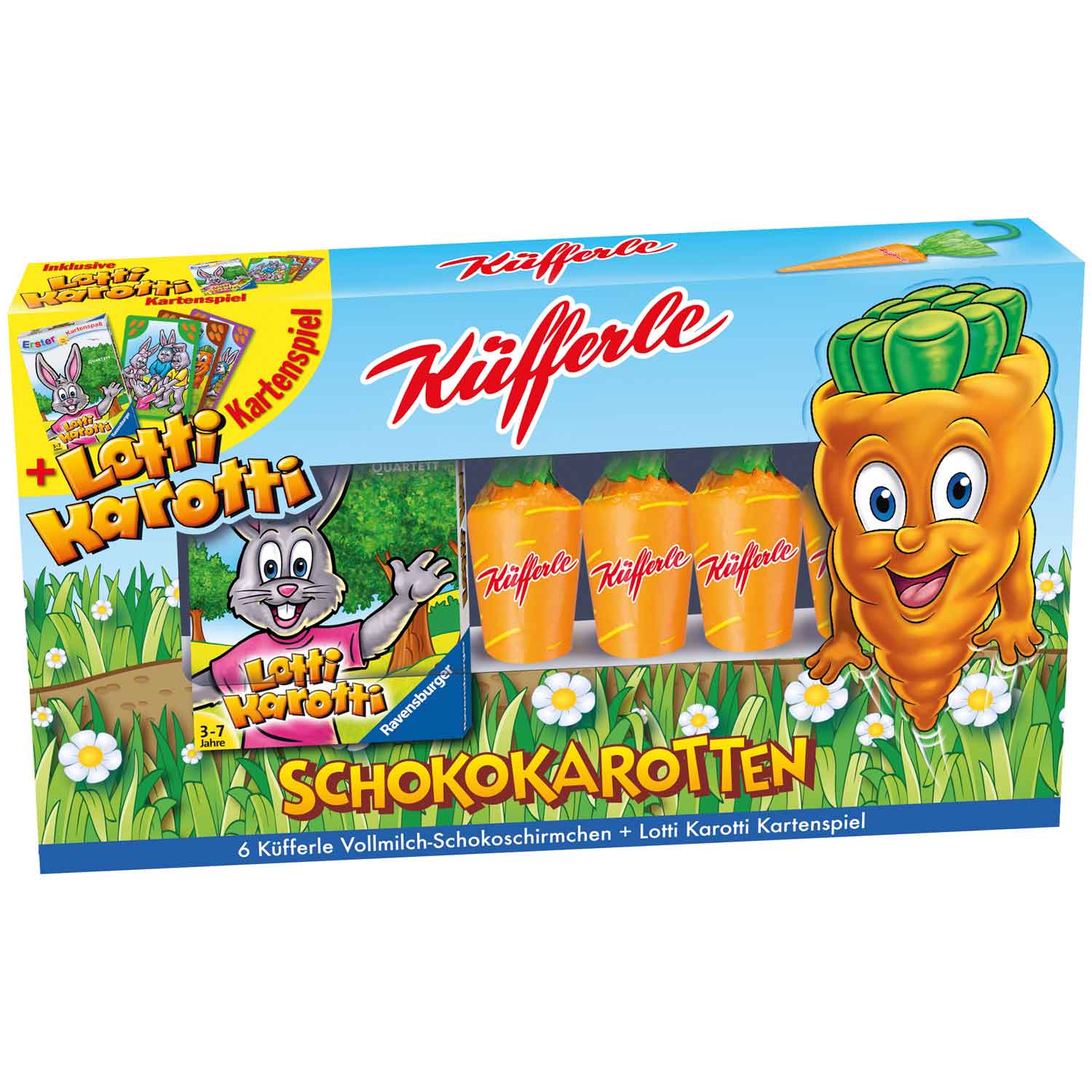 Küfferle Schokokarotten 6er + Ravensburger Lotti Karotti Kartenspiel